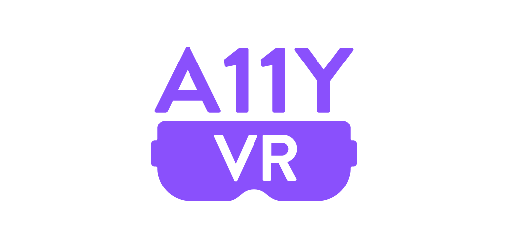 San-serif font with slightly rounded edges spelling A11y in all CAPs using in a pastel / fluorescent purple, floating on top of a silhouette of VR glasses in the same purple with white letters in all CAPs in the center.